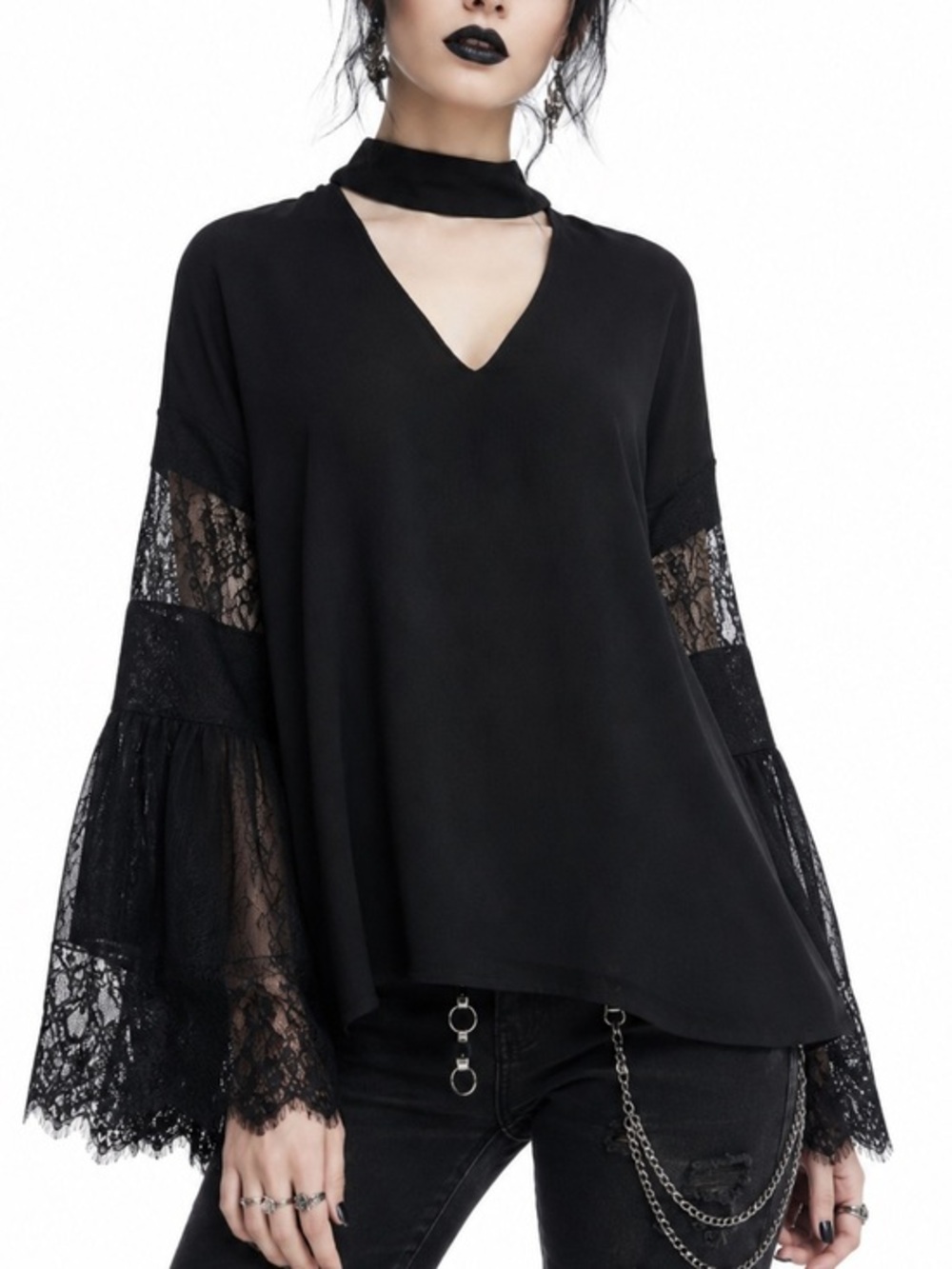 Lulus Black Cutout Choker Neck Lace Bell Sleeves Sheer Goth Boho Top Blouse S